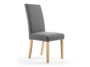 Pair of Shankar Randall Dining Chairs Stud Detail Linen Effect Steel Grey in Natural Legs