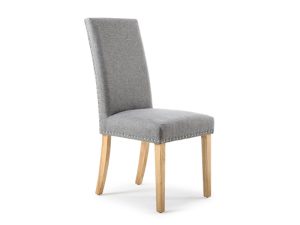 Pair of Shankar Randall Dining Chairs Stud Detail Linen Effect Silver Grey in Natural Legs