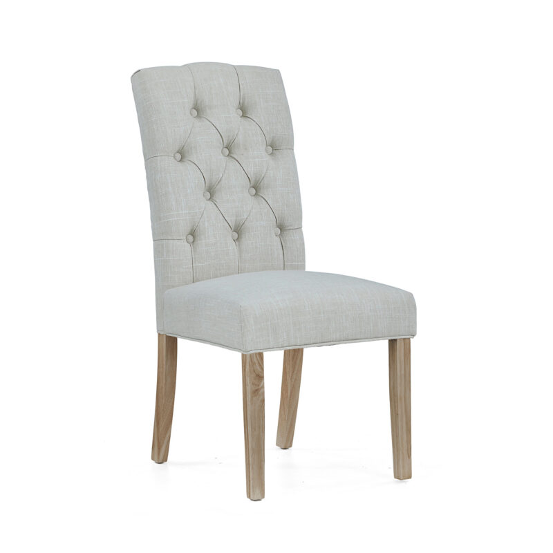 G8494 SALCOMBE BEIGE BUTTON BACK UPHOLSTERED CHAIR KD WHITE WASH LEG
